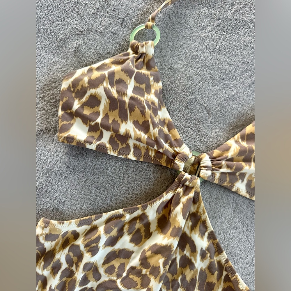 Aerie One Piece Brown Beige Leopard Animal Print Halter Tied Swimsuit Size S - Picture 2 of 3